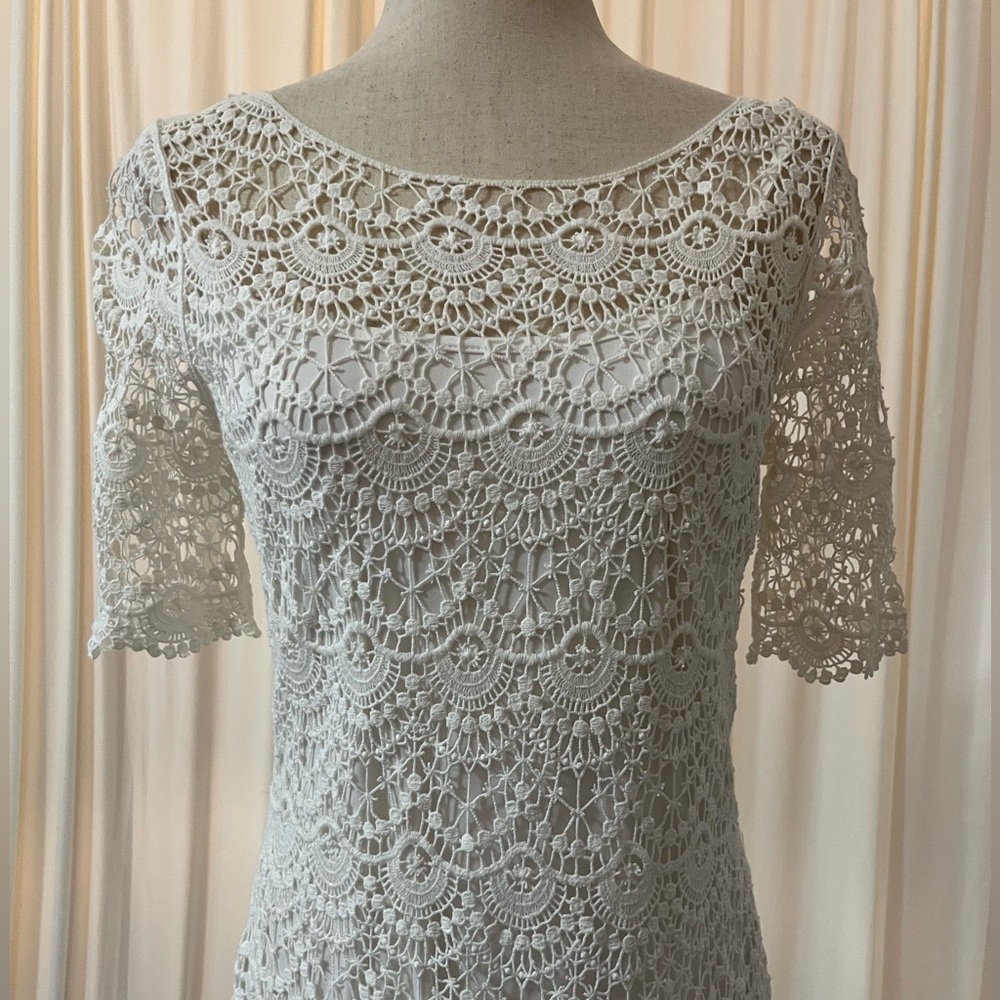 Ralph Lauren White Cotton Crochet Lace Short Sleeve Dress With Slip - Size M - Picture 3 of 12